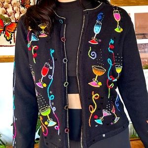 Berek Vintage 90s Drinks Cocktail 3D Cardigan Embroidered